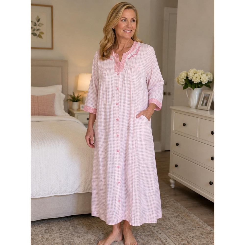 National Womens M Pink Gingham House Dress Robe Floral Embroidered Cottagecore